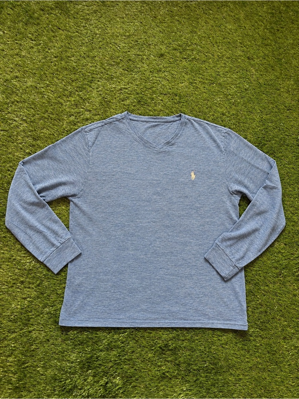 Polo Ralph Lauren Blue Heathered Long Sleeve V-Neck Shirt Medium